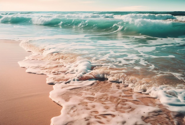 Una escena de playa con un océano azul y el sol brillando sobre el agua.