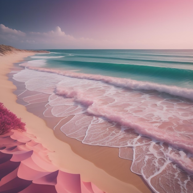 Una escena de playa con el océano y los colores rosa y púrpura del agua.