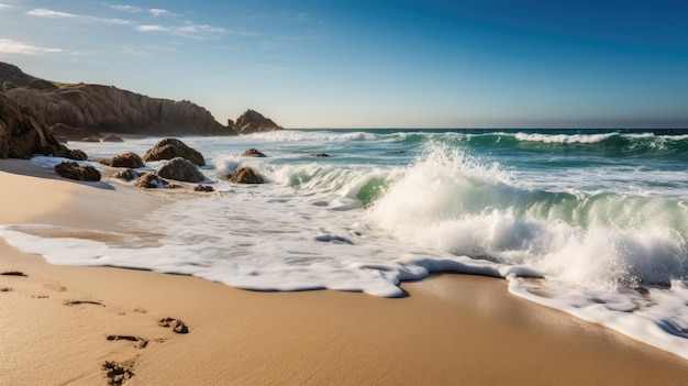 Una escena de playa con olas rompiendo en la orilla