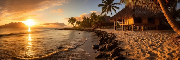 Una escena de playa con una palmera y una casa al fondo.