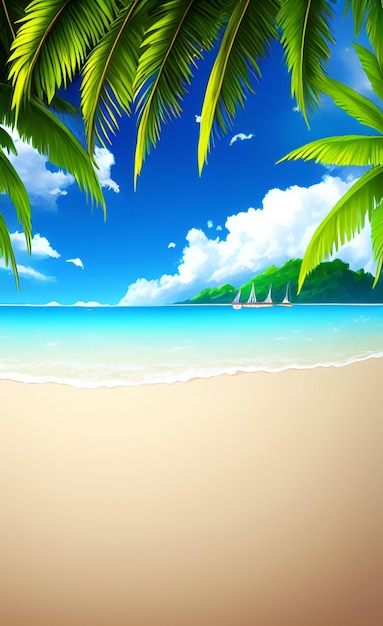Una escena de playa con una palmera y un cielo azul con nubes