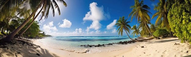 Una escena de playa con una palmera y un cielo azul.