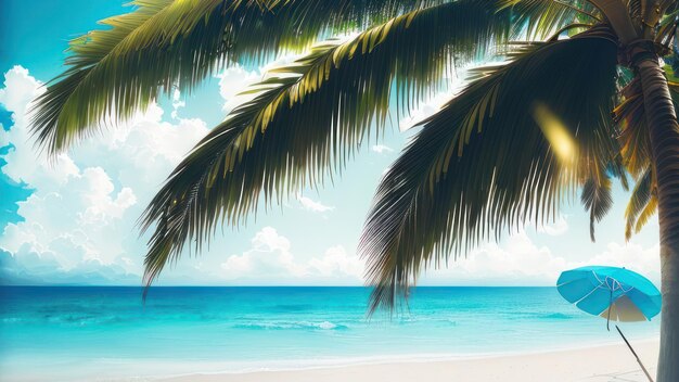 Una escena de playa con una palmera y el cielo.