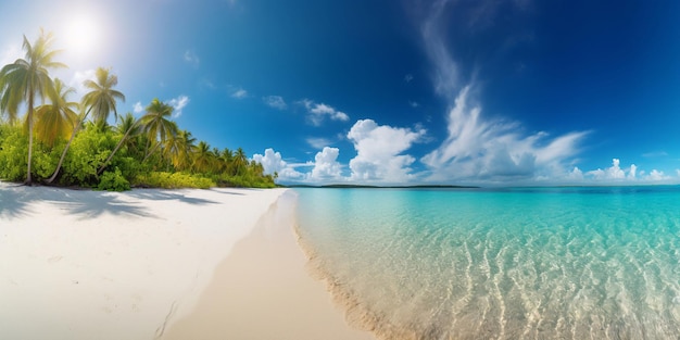 Una escena de playa con una palmera a la izquierda y un cielo azul al fondo.