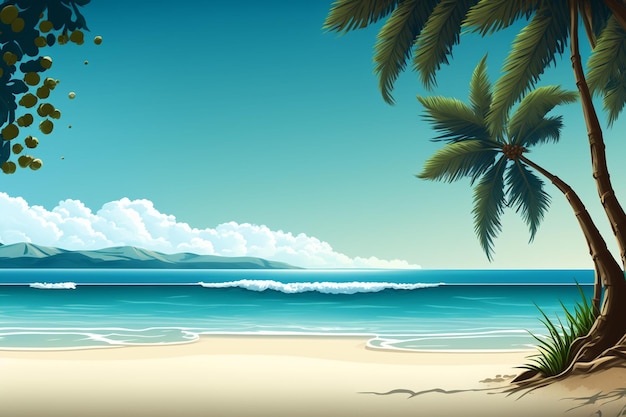 Una escena de playa con una palmera y el océano de fondo.