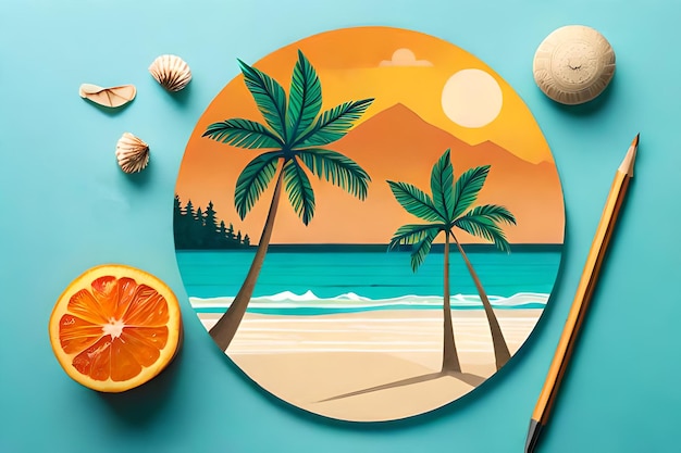 Una escena de playa con una palmera en la playa y una naranja en la arena.