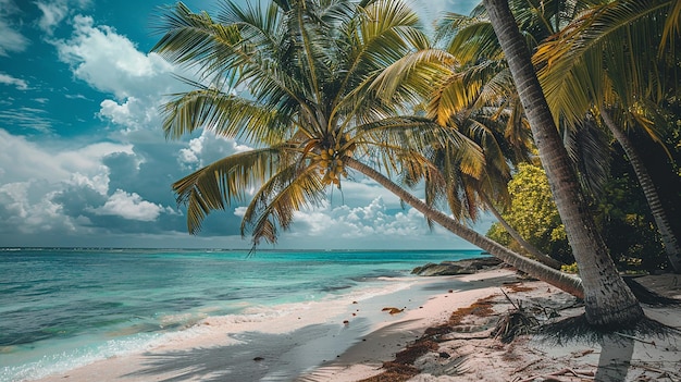 Una escena de playa con una palmera en la playa Un paisaje hermoso con fondo oceánico