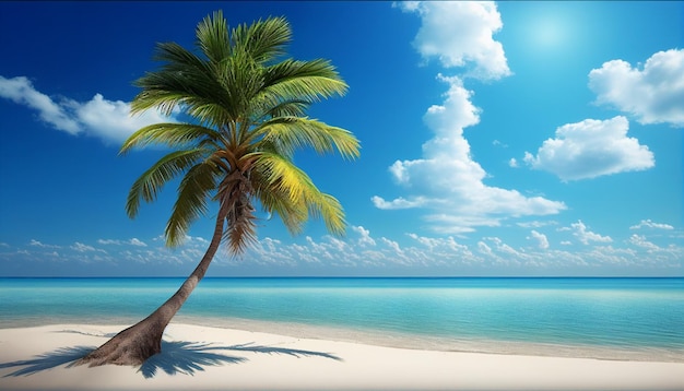 Una escena de playa con una palmera en la playa.