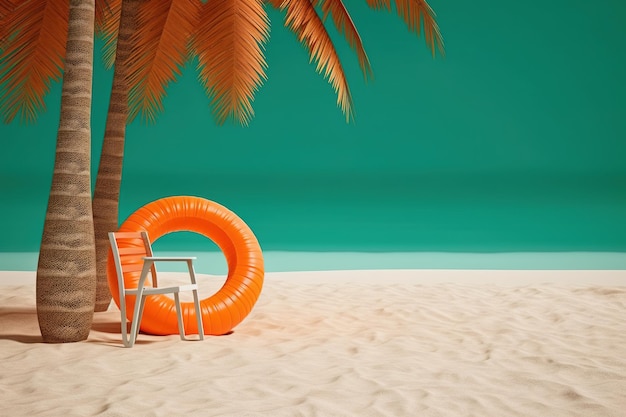 Una escena de playa con una palmera y una silla flotante naranja.