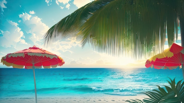 Una escena de playa con una palmera y una sombrilla