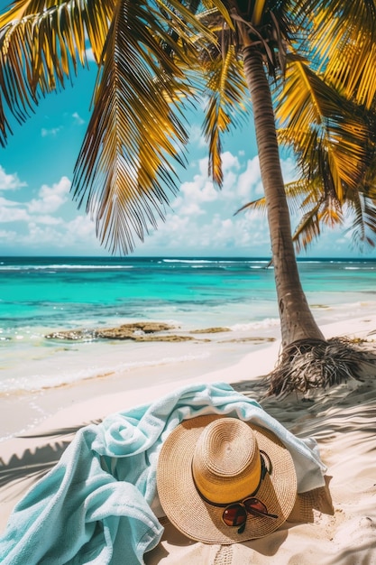 Una escena de playa con una palmera y una toalla azul