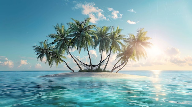 una escena de playa con palmeras y un atardecer