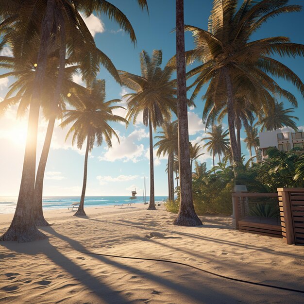 Una escena de playa con palmeras y un cartel que dice playa.