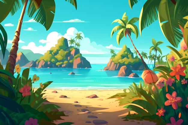 Una escena de playa con palmeras y un cielo azul.