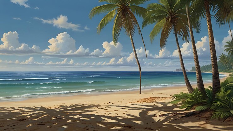 una escena de playa con palmeras y un cuerpo de agua