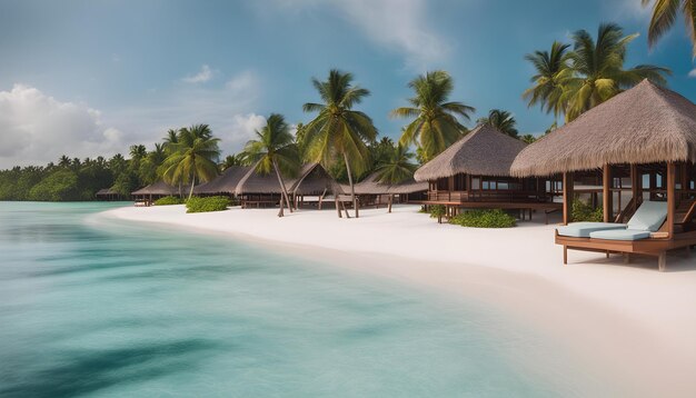 una escena de playa con palmeras y un edificio en el fondo