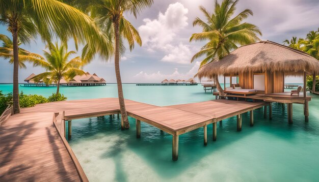 Foto una escena de playa con palmeras y un muelle de madera con una palmera a la derecha