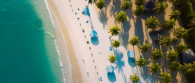 Foto una escena de playa con palmeras y un océano azul.