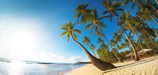 Una escena de playa con palmeras en la playa.