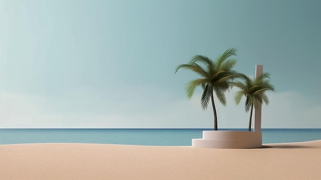 Una escena de playa con palmeras y una presentación de productos de verano de cielo azul.