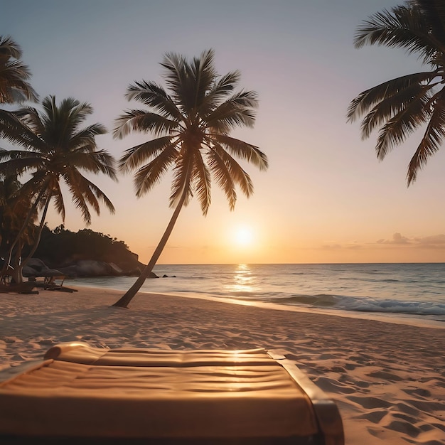 una escena de playa con palmeras y una toalla de playa en la arena