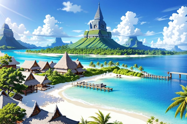 Una escena de playa con un pequeño pueblo y una pequeña isla con una playa y una pequeña isla.