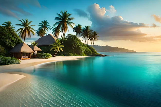 Una escena de playa con una playa y una cabaña en el horizonte.