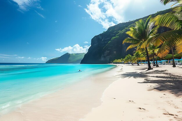 Foto una escena de playa con una playa y palmeras y la palabra hola verano