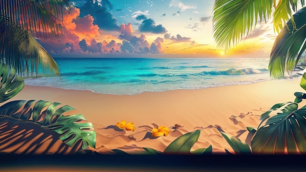 Una escena de playa con puesta de sol y palmeras.