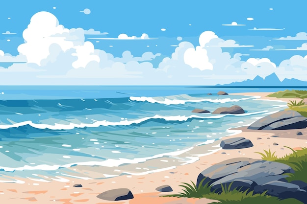 Una escena de playa con rocas y olas en el fondo.