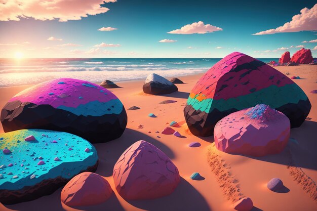 Una escena de playa con rocas y una puesta de sol.