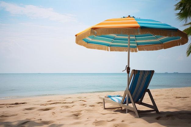 Escena de playa con silla de playa cortada paraguas y palma en la arena elegante