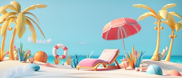 una escena de playa con una silla de playa y un paraguas