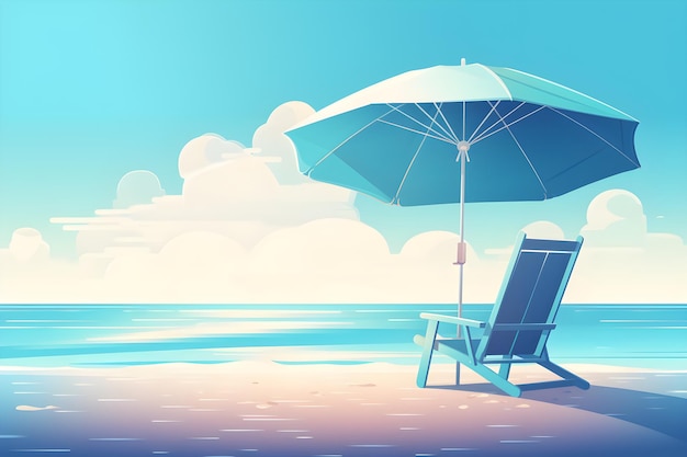 Una escena de playa con una silla de playa y una sombrilla.