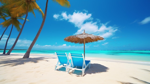 una escena de playa con sillas y paraguas en una isla tropical