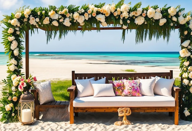 Una escena de playa con un sofá y flores en la playa.