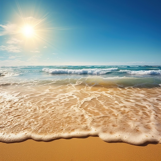 Una escena de playa con un sol brillante que brilla sobre el agua