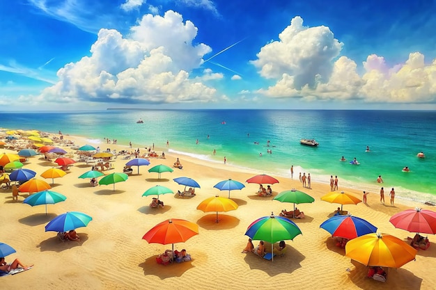 una escena de playa soleada con arena dorada aguas azules claras y paraguas coloridos