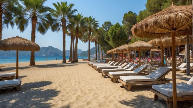 Escena de playa soleada con palmeras, sillas y sombrillas