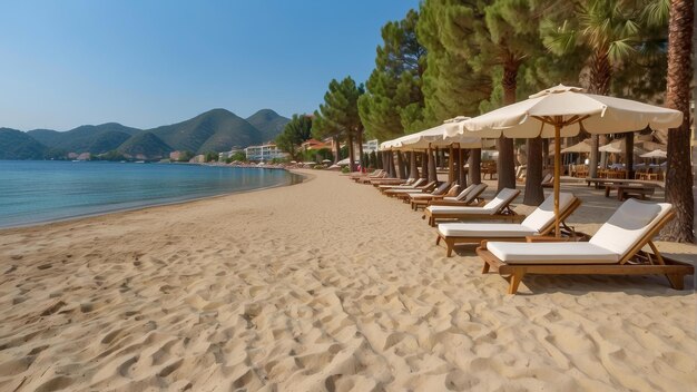 Escena de playa soleada con palmeras, sillas y sombrillas