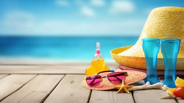 Una escena de playa con un sombrero, gafas de sol, una estrella.