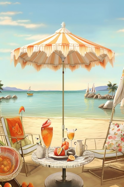 Escena de playa con sombrilla y cócteles festivos creados con ai generativo