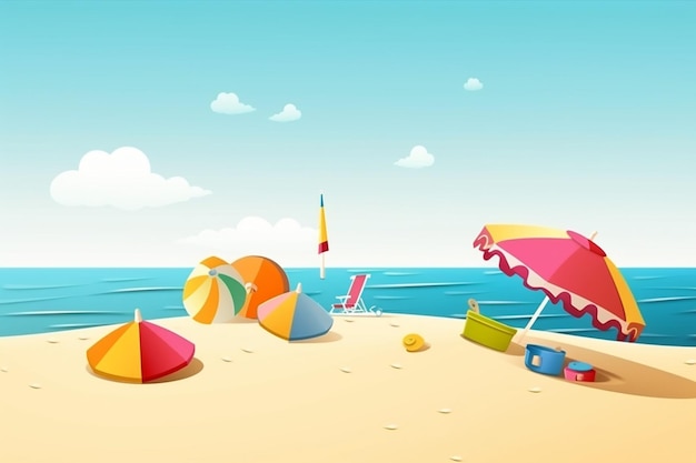 Una escena de playa con una sombrilla de colores y una sombrilla de playa.