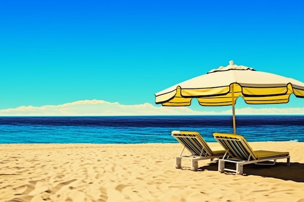 Una escena de playa con una sombrilla de playa y una sombrilla amarilla.