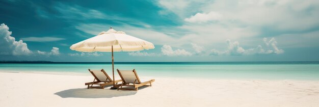 Una escena de playa con una sombrilla y sillas en la arena.