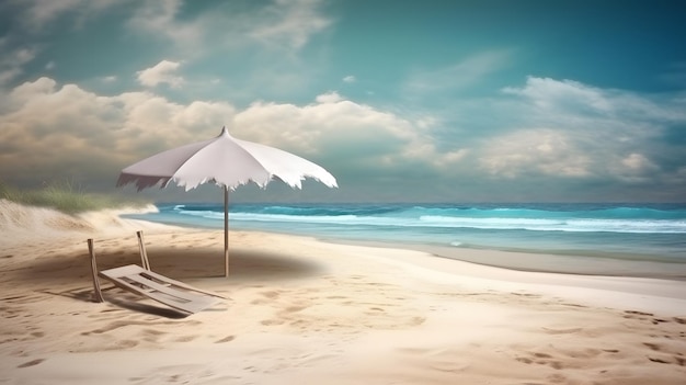 Una escena de playa con una sombrilla y sillas en la playa.