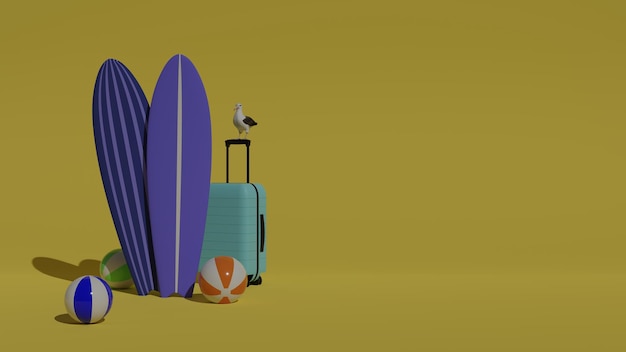 Una escena de playa con tablas de surf y un pájaro sobre un fondo amarillo.