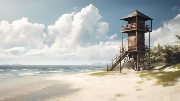 Una escena de playa con una torre de salvavidas en el horizonte.