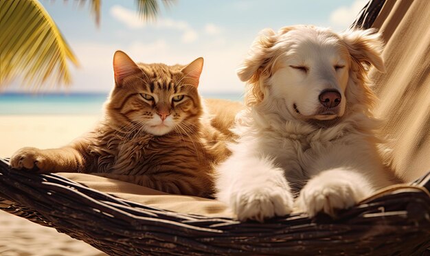 Escena de playa tranquila con un perro juguetón y un gato relajado disfrutando de la orilla arenosa. Generación de IA.