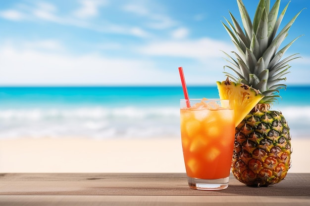 Una escena de playa tropical con una bebida de piña en primer plano